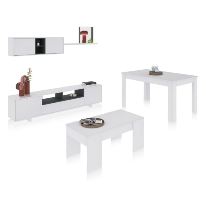 Pack salón con mesa de centro y mesa de comedor Kenzo Max V2B Blanco Brillo - Gris Antracita