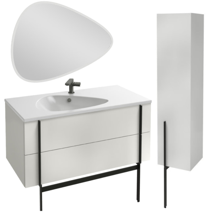 Meuble vasque Nouvelle Vague blanc brillant + colonne + miroir + pied