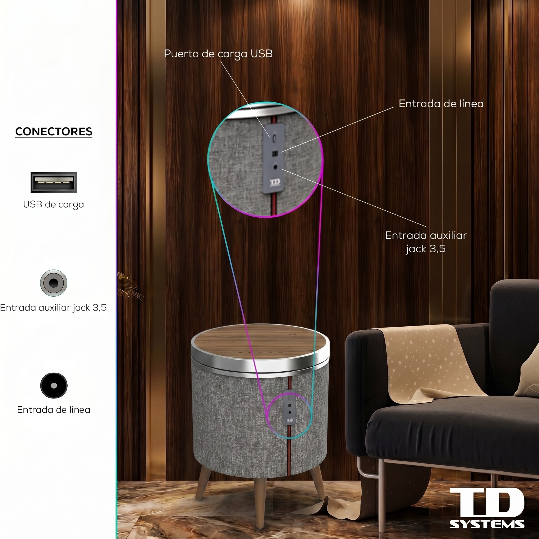 Mesa auxiliar altavoz con sonido de 65W y subwoofer, Bluetooth, base de carga inalámbrica. Mesilla o mesita para dormitorio o sala de estar - TD Systems SM65B11WR [Madera roble]