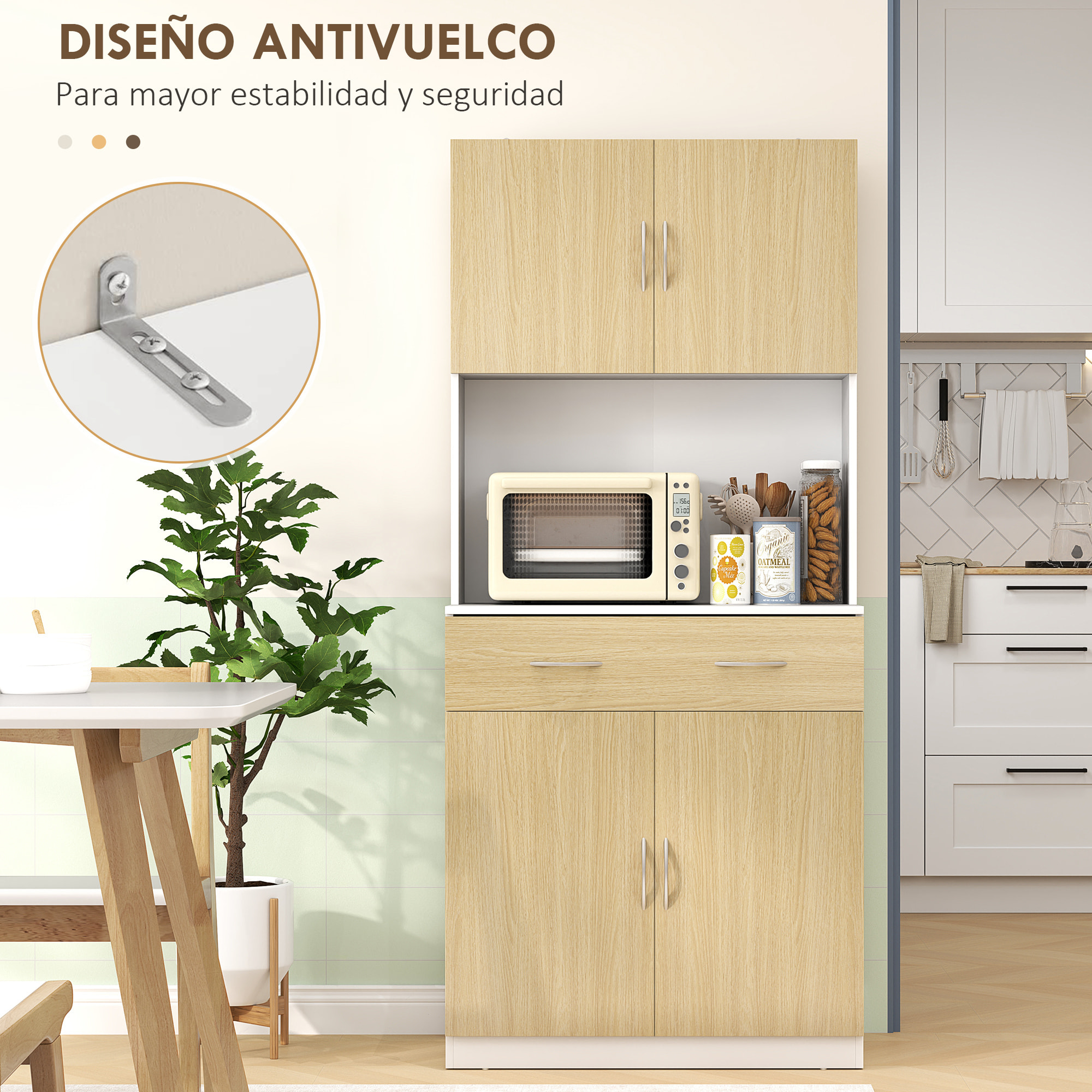 Alacena de Cocina Armario de Cocina Mueble Auxiliar de Cocina con Puertas Cajón y Estantes Ajustables Antivuelco para Comedor Salón 80x40x180 cm Natural y Blanco