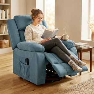 Sillón Relax Reclinable Eléctrico Levanta Personas, con Puerto USB, Sillón Elevador, con Control Remoto, Asiento Ancho, Reposapiés, Tapizado en Terciopelo, Bolsillos Laterales, Azul