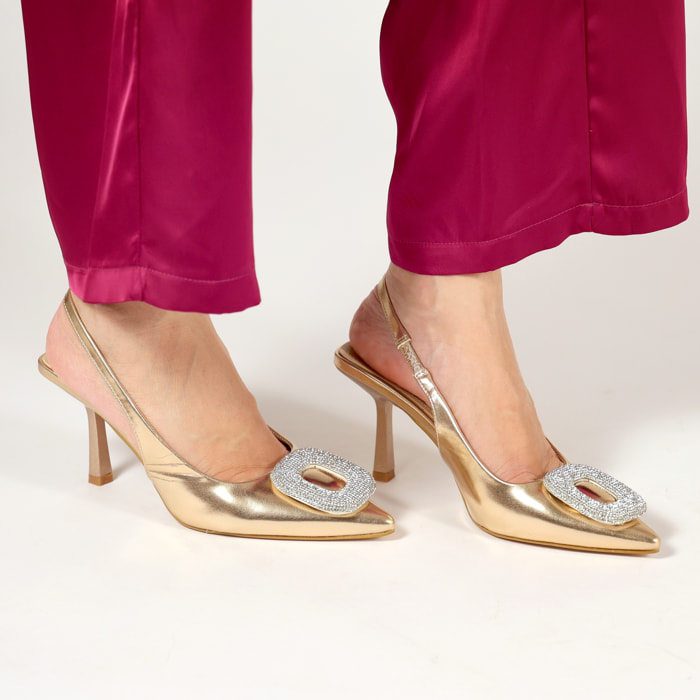 Dècolletè slingback in simil pelle con dettaglio strass sulla punta