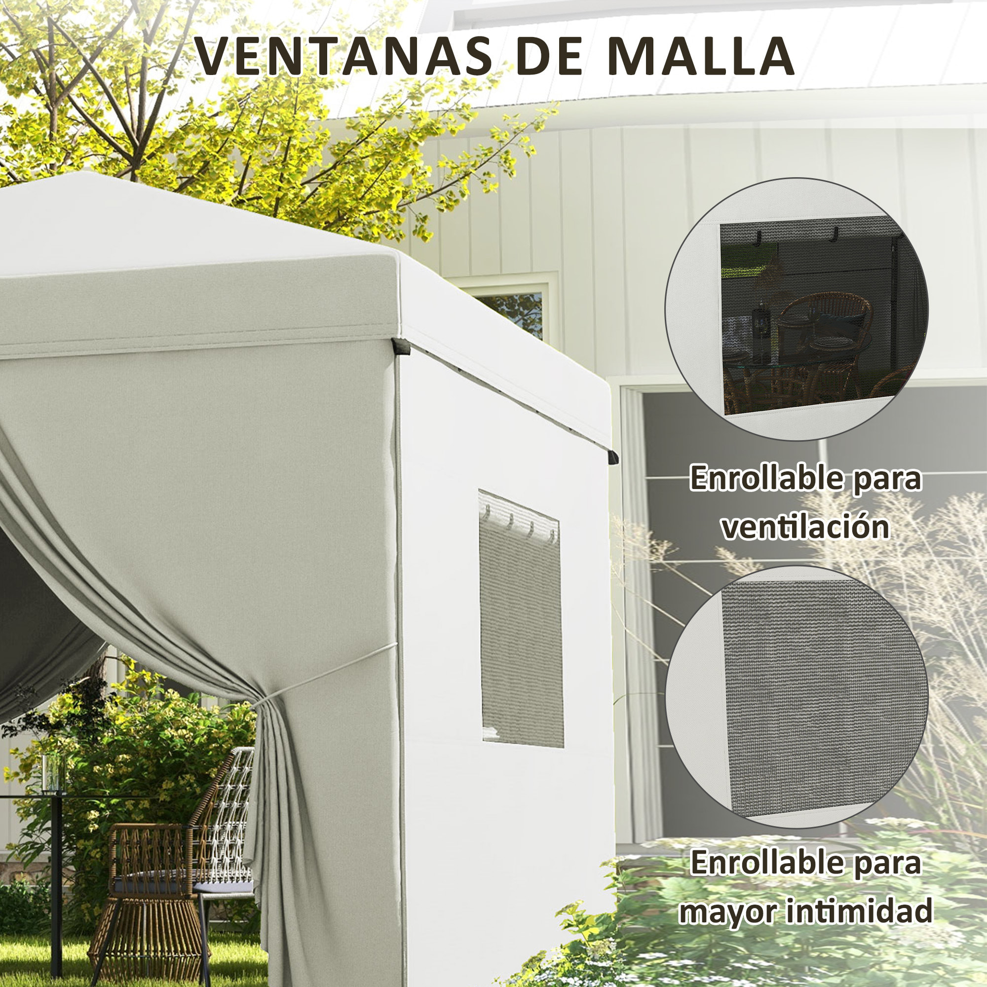 Carpa Plegable Pop-Up 3x3 m Cenador de Jardín con 4 Paredes Laterales 2 Ventanas de Malla Altura Ajustable Bolsa de Transporte Impermeable y Anti-UV para Camping Fiestas Blanco