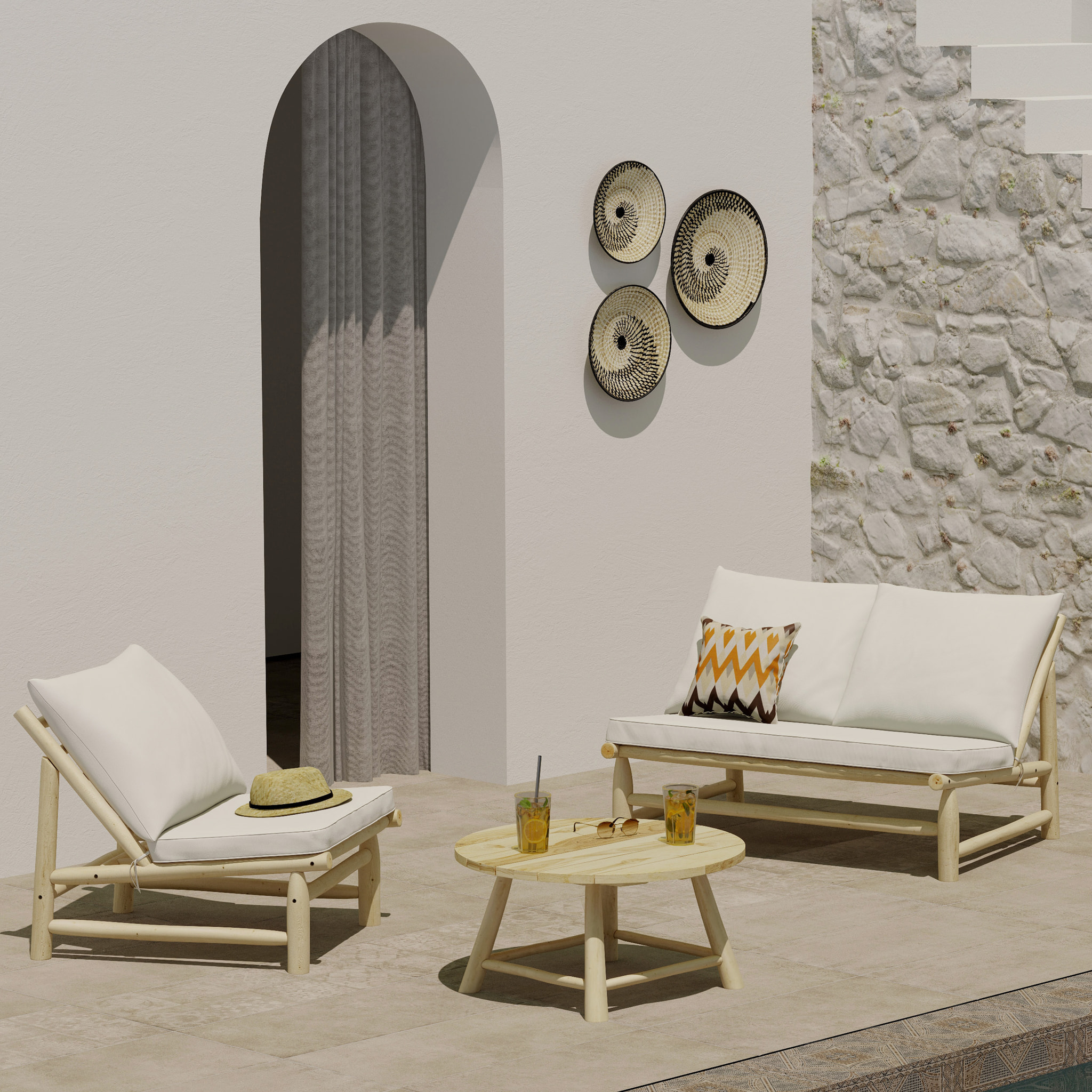 Fauteuil de jardin en teck et coussins blanc cassé - Makam