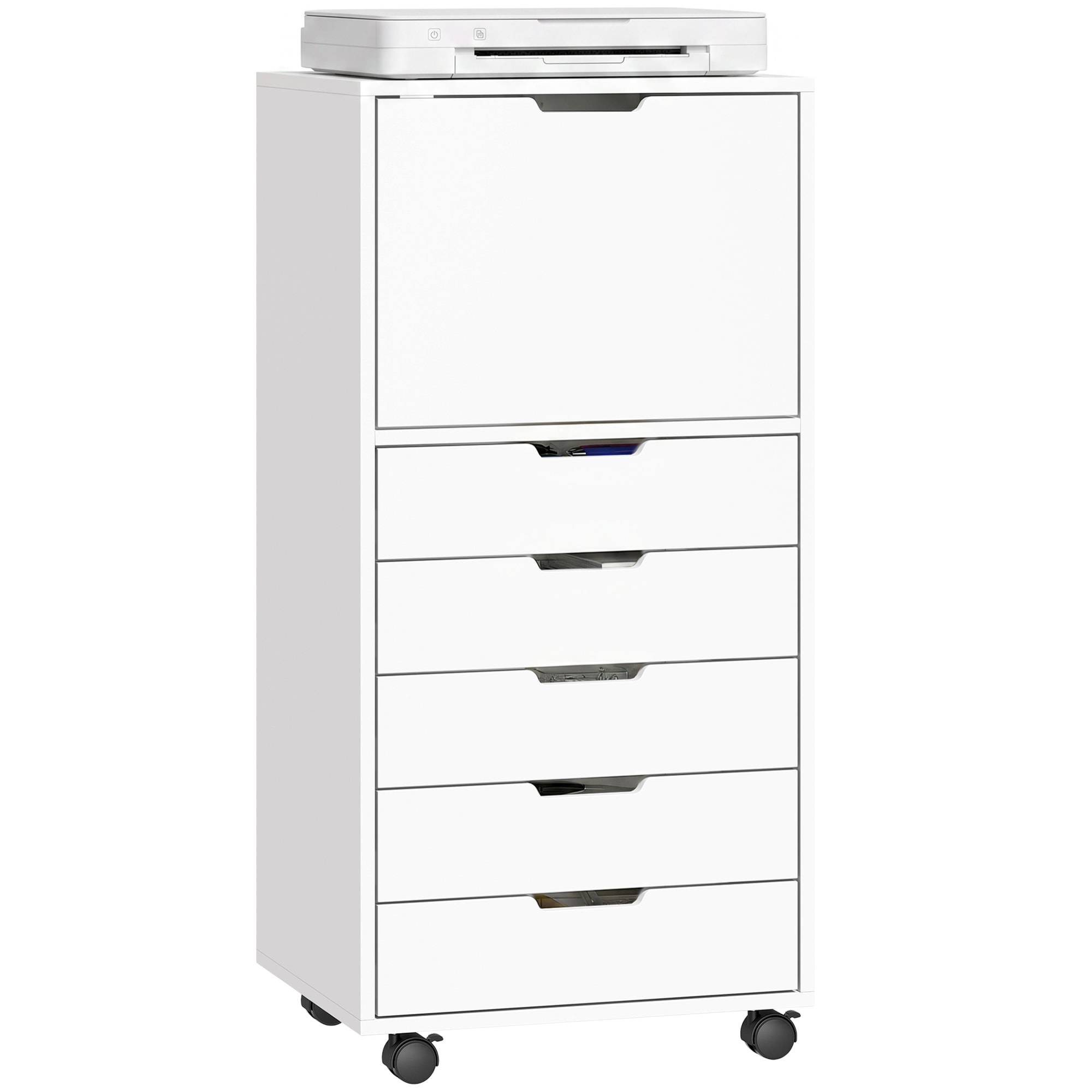 Cajonera Escritorio con 5 Cajones, Cajonera de Oficina con Ruedas y Armario con Cierre Suave, Soporte para Impresora, Mueble Archivador para Oficina en Casa, Blanco