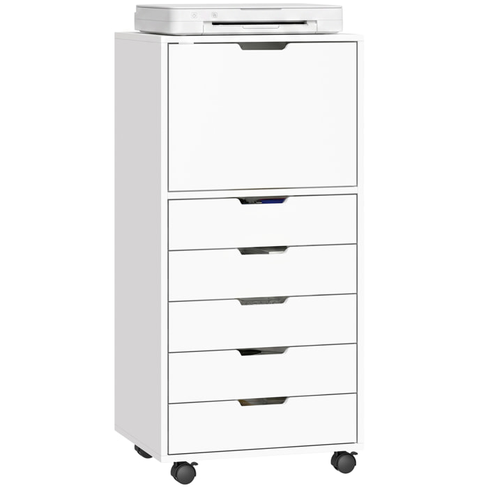Cajonera Escritorio con 5 Cajones, Cajonera de Oficina con Ruedas y Armario con Cierre Suave, Soporte para Impresora, Mueble Archivador para Oficina en Casa, Blanco