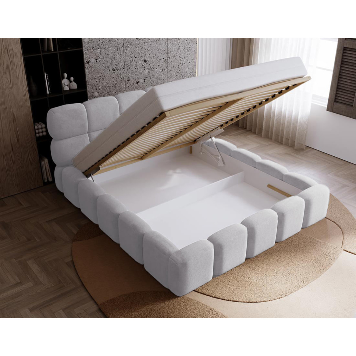 Mariposa - lit coffre - 140x200 cm - sommier inclus - en velours - Beige