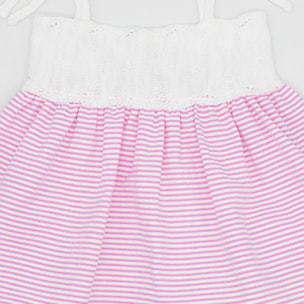 VESTIDO CUERPO PUNTO BLANCO Y FALDA RAYAS ROSA Y BLANCA