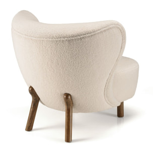 GASTON - Fauteuil en tissu bouclette écru, dossier capitonné arrondi