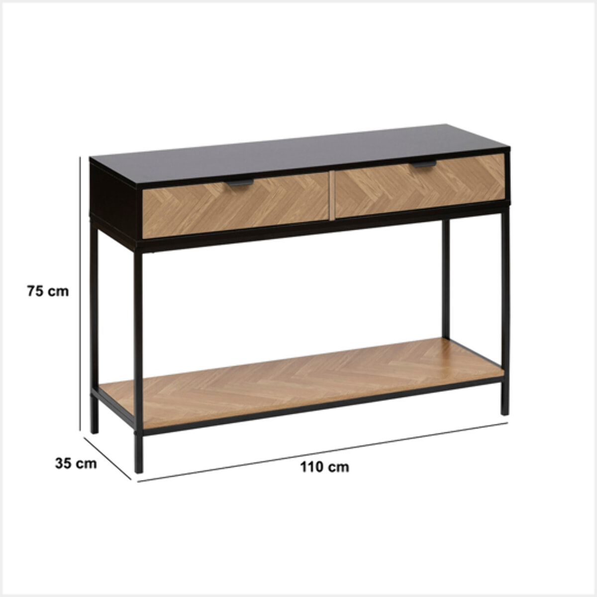 Console "Chevrons" 2 tiroirs effet pin naturel et noir 110x75cm