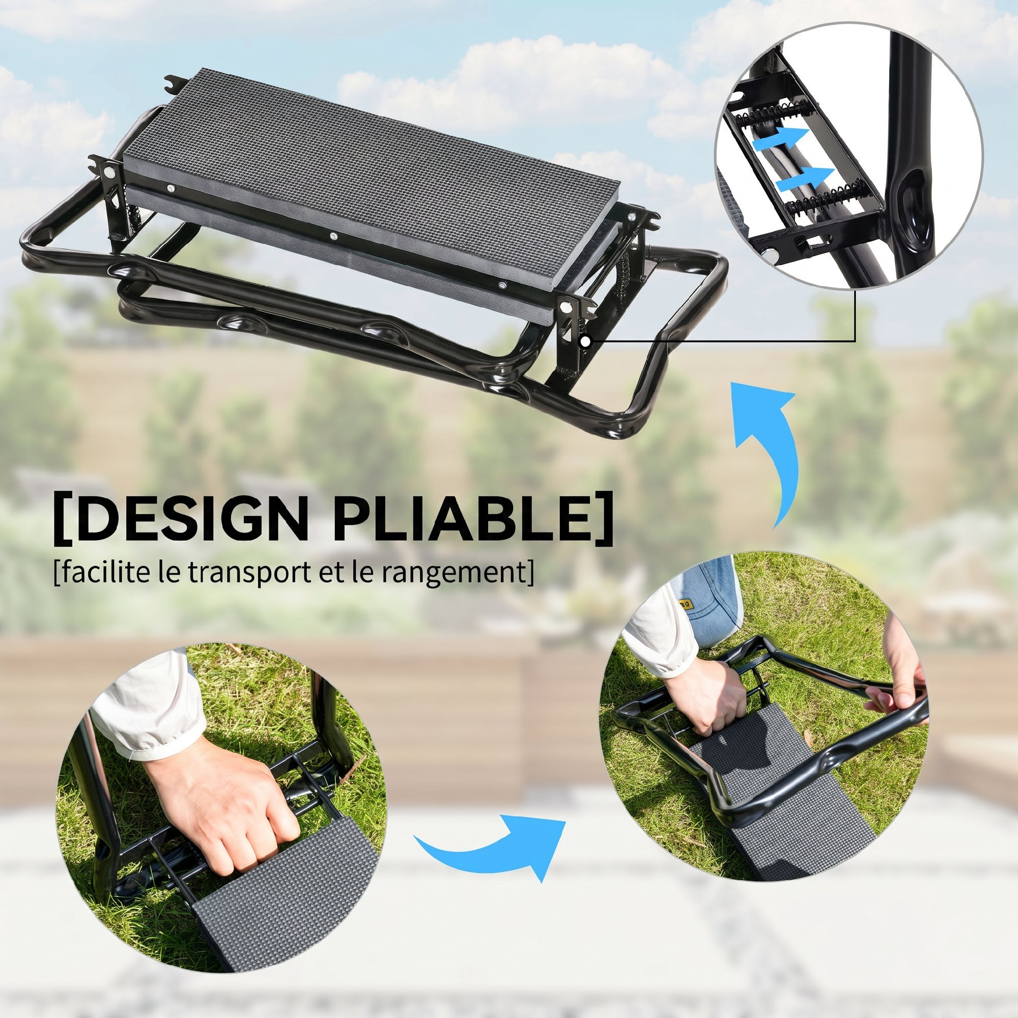 Tabouret de jardin pliable agenouilloir de jardin siège jardinage avec coussin pochette rangement outils gris
