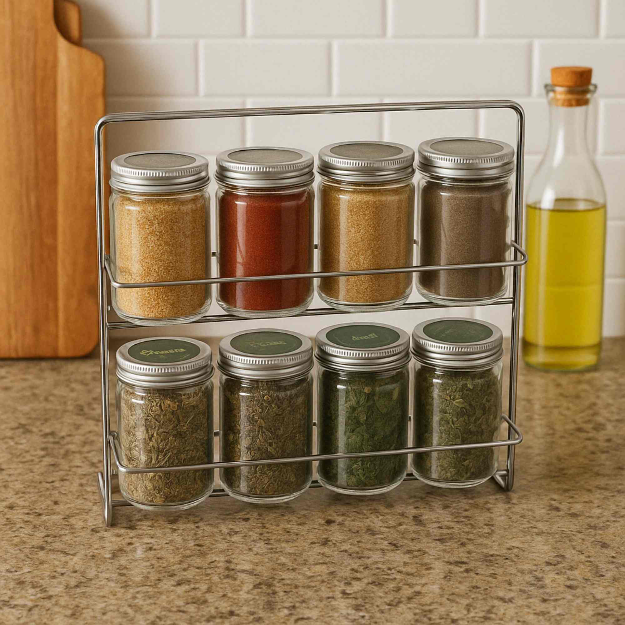 Conjunto de 8 botellas de especias en soporte metálico tapa de aluminio y botellas de vidrio 23xh24cm