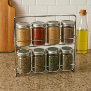 Conjunto de 8 botellas de especias en soporte metálico tapa de aluminio y botellas de vidrio 23xh24cm