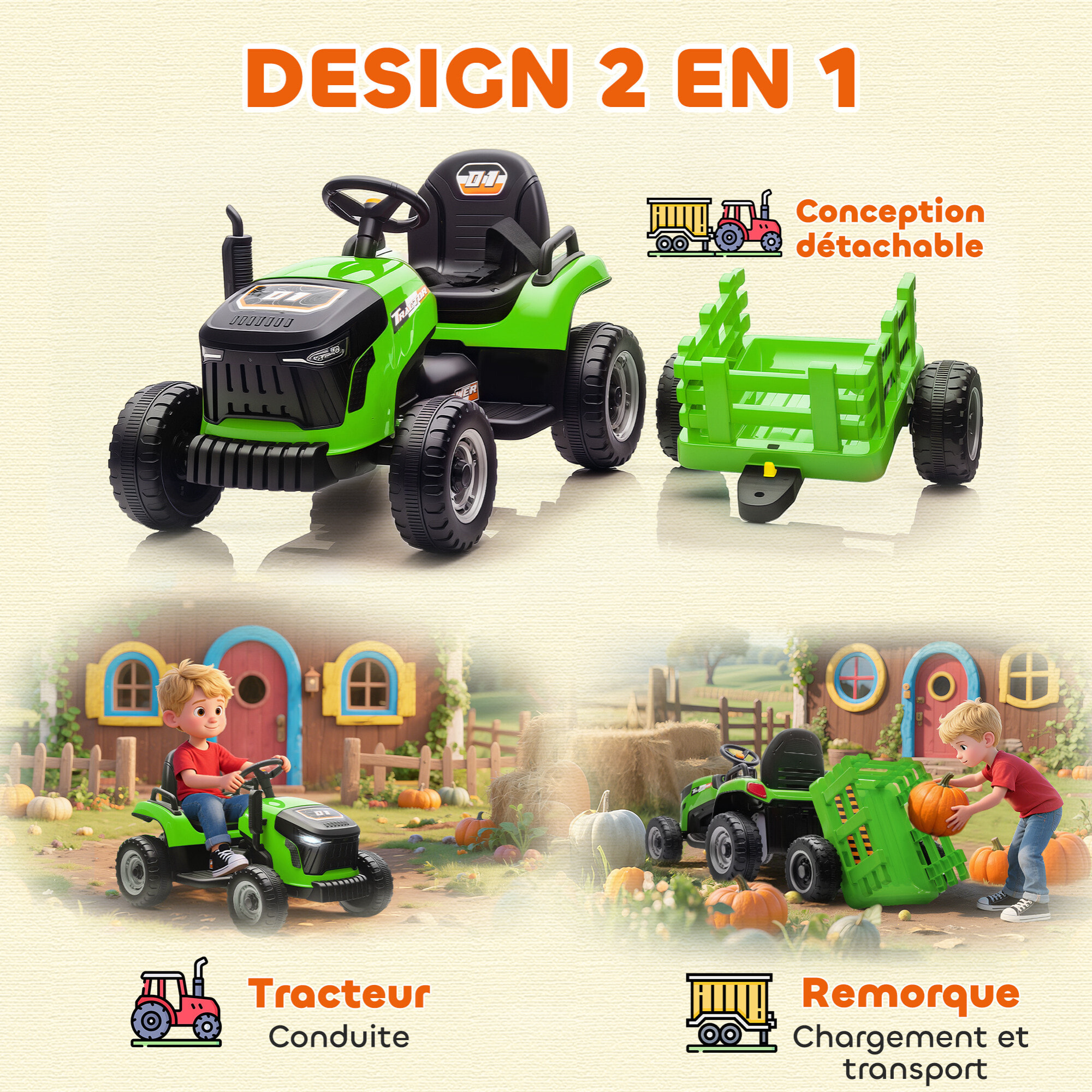 Tracteur électrique enfant avec remorque amovible et télécommande - effets sonores et lumineux - vert