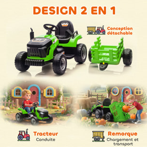 Tracteur électrique enfant avec remorque amovible et télécommande - effets sonores et lumineux - vert