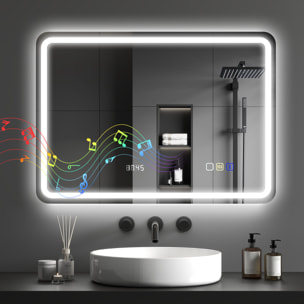 Miroir lumineux LED salle de bain Bluetooth 50x70cm - horloge numérique, antibuée, tactile, réglable - verre trempé 4 mm