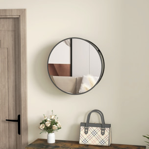 Miroir mural rond dia. 50 cm - 2 étagères - cadre métal noir