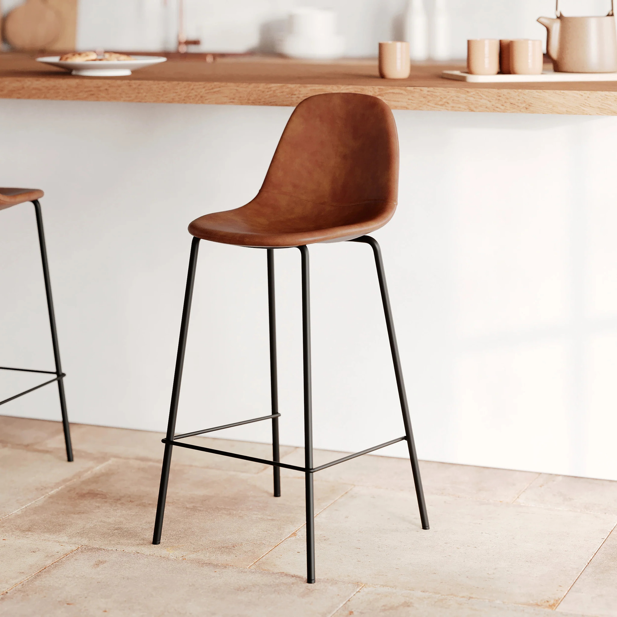 Chaise pour îlot central en cuir synthétique camel 65 cm - Henrik