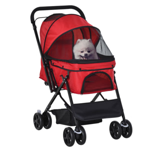 Poussette buggy pliable chien chat panier et sac de rangement attaches sécurité housse réglable poignée réglable acier Oxford rouge