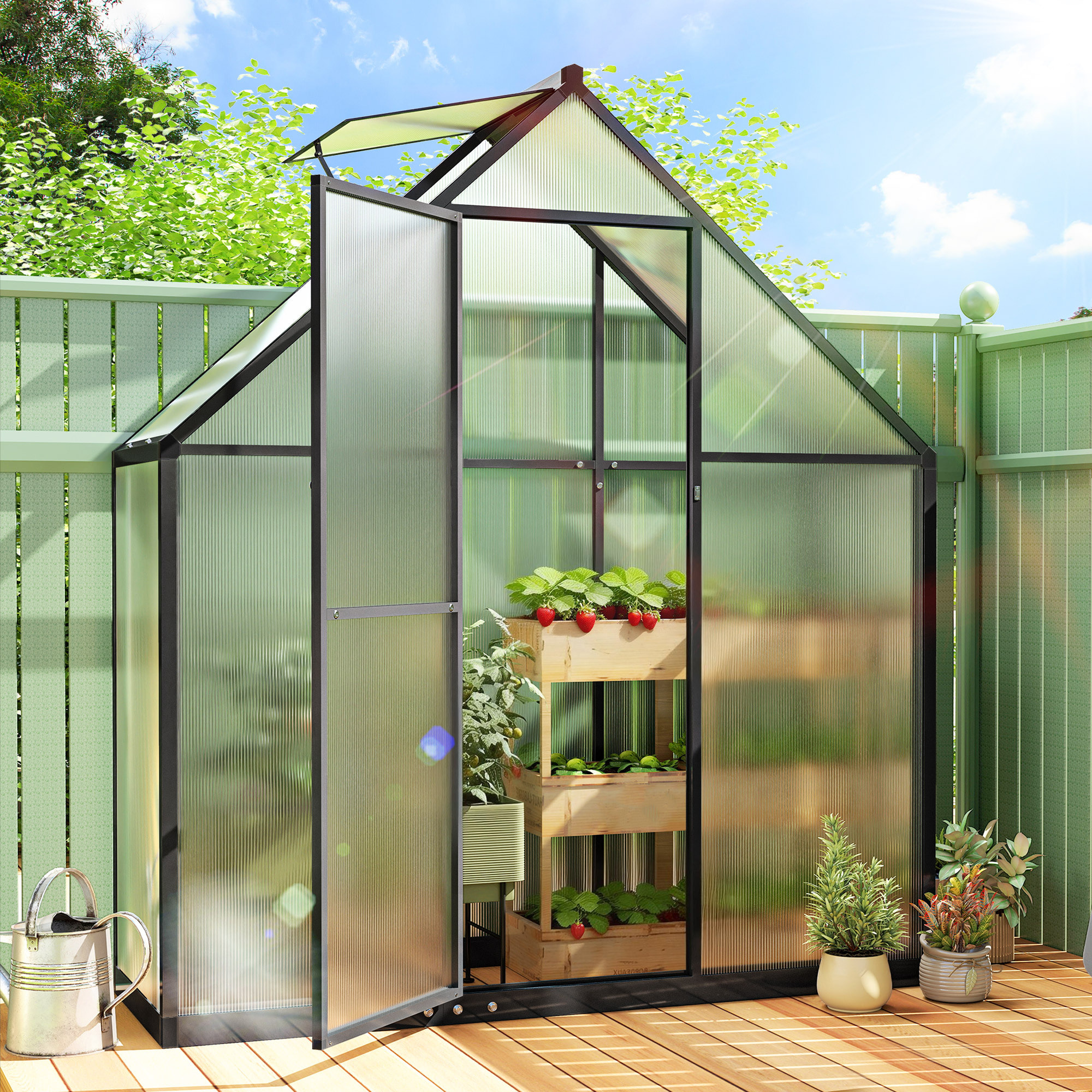 Serre de jardin alu polycarbonate - porte, lucarne - 1,7 x 0,58 x 1,95 m - noir