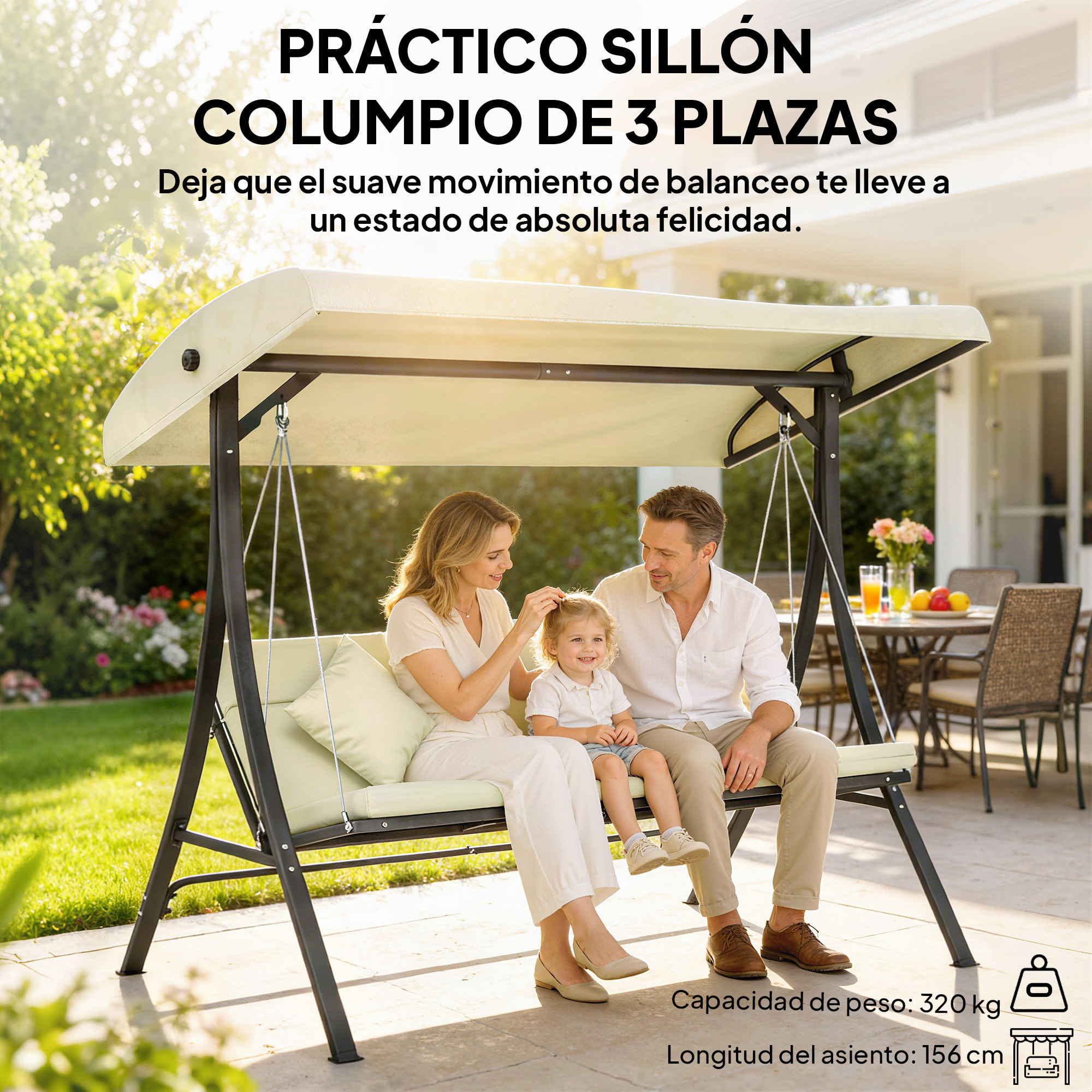 Columpio de Jardín Exterior de 3 Plazas, Balancín de Jardín Exterior con Techo Ajustable Cojines, Almohadas y Estructura de Acero, para Terraza, Patio, Carga 320 kg, 202x115x168 cm, Beige