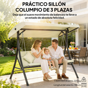 Columpio de Jardín Exterior de 3 Plazas, Balancín de Jardín Exterior con Techo Ajustable Cojines, Almohadas y Estructura de Acero, para Terraza, Patio, Carga 320 kg, 202x115x168 cm, Beige