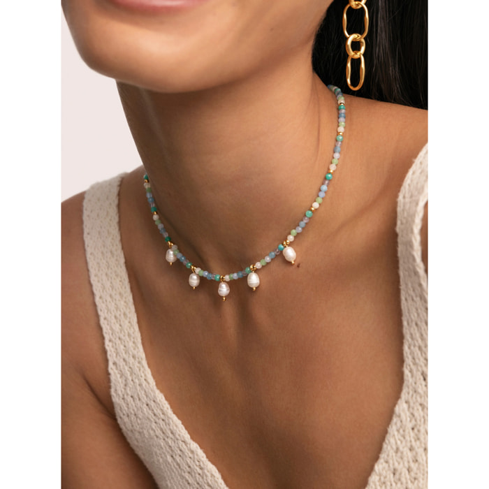 Collar Crystal Blue Pearls Acero Baño Oro