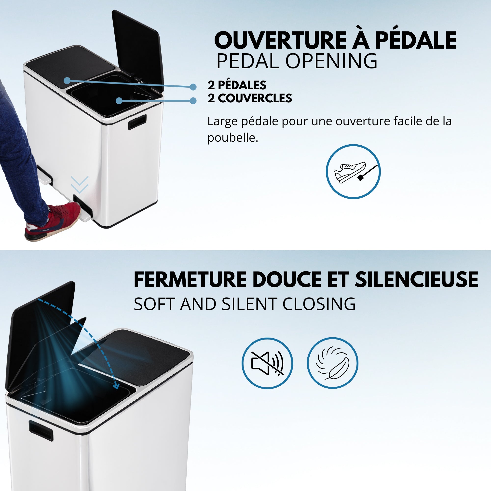 Poubelle pédale tri sélectif MAJOR blanc 60L