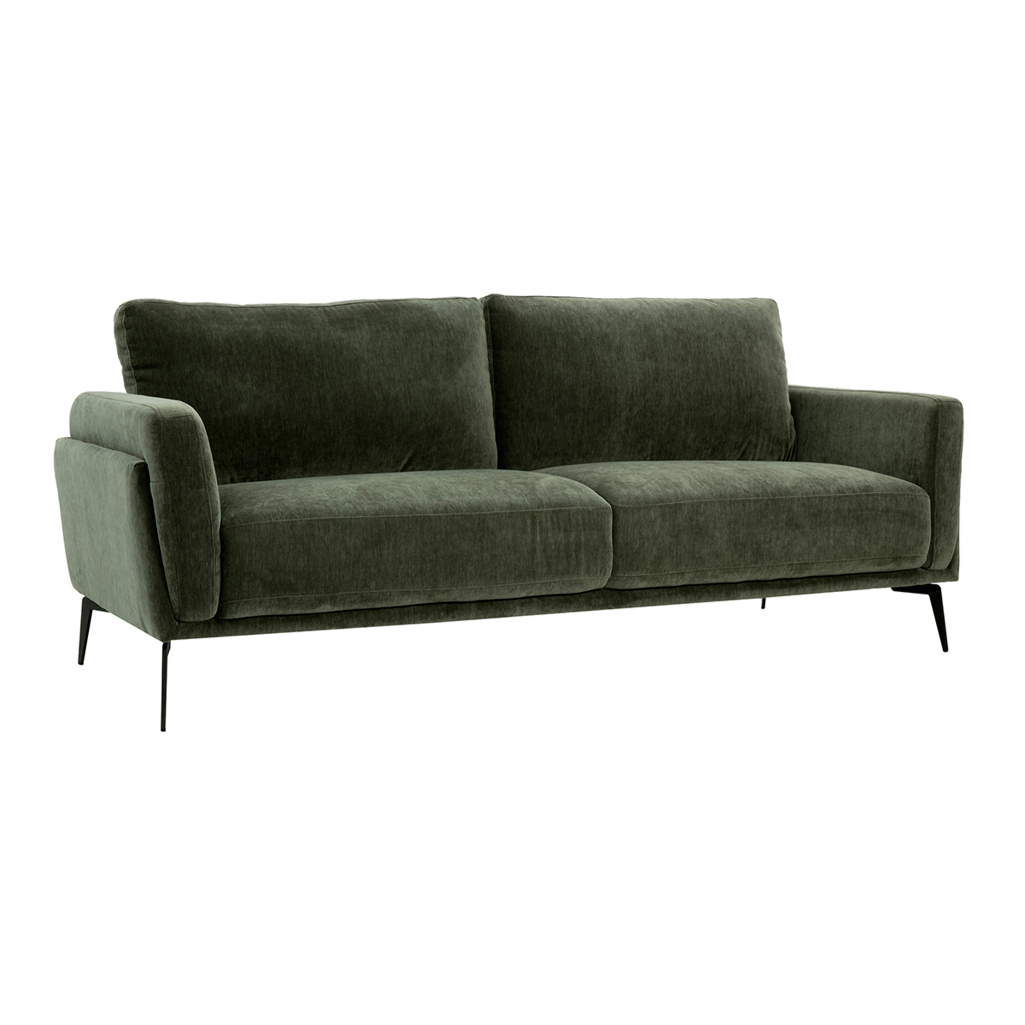Canapé design 3 places en tissu effet velours vert kaki et métal noir MOSCO