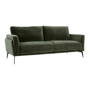 Canapé design 3 places en tissu effet velours vert kaki et métal noir MOSCO