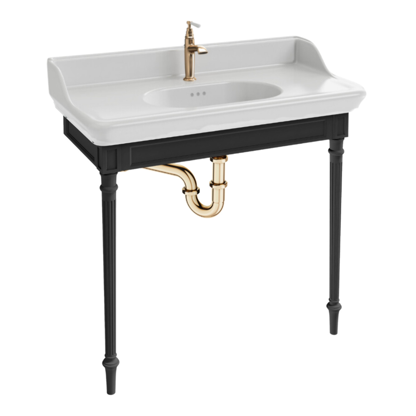 Console Cléo 1889 avec plan vasque + robinet lavabo or + siphon or