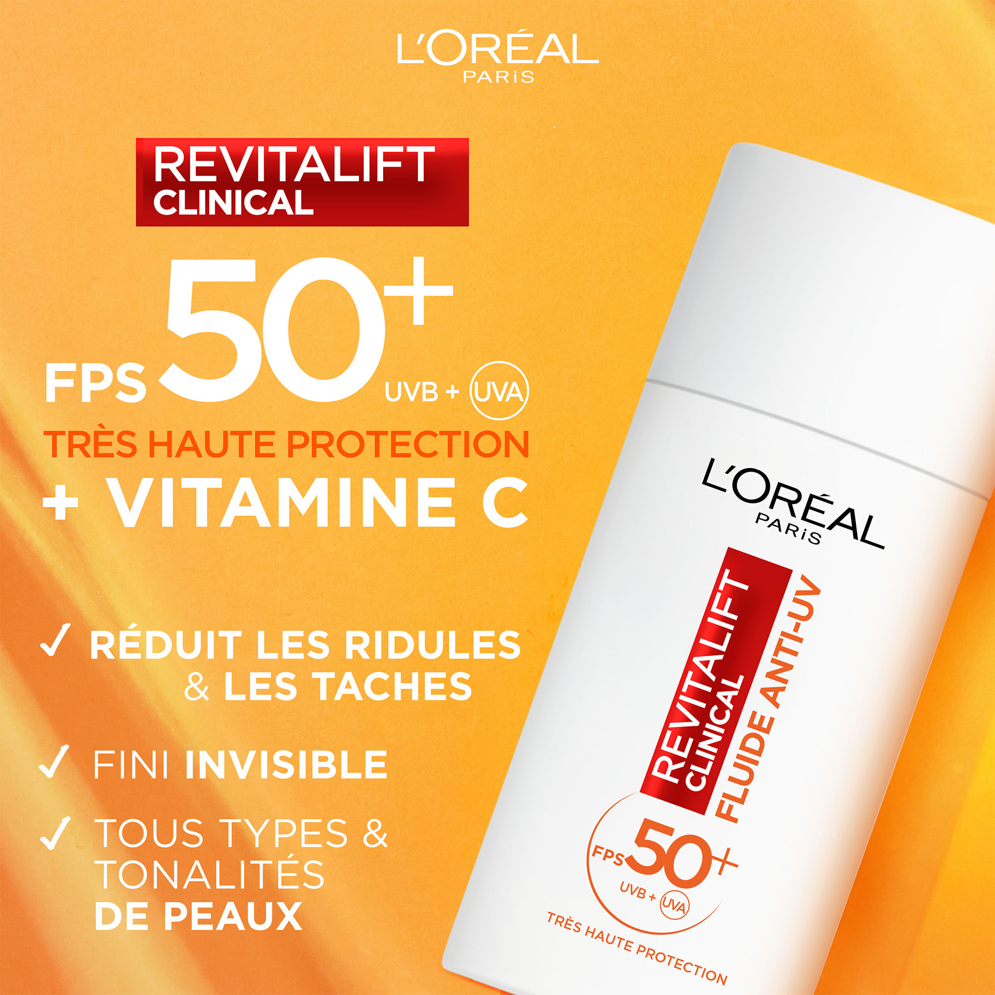 Revitalift Clinical Fluide Anti-UV FPS 50+ Vitamine C + Vitamine E + Acide Hyaluronique