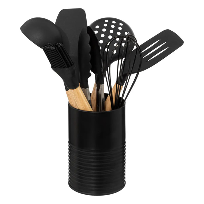 Pot métal noir à ustensiles avec 7 accessoires