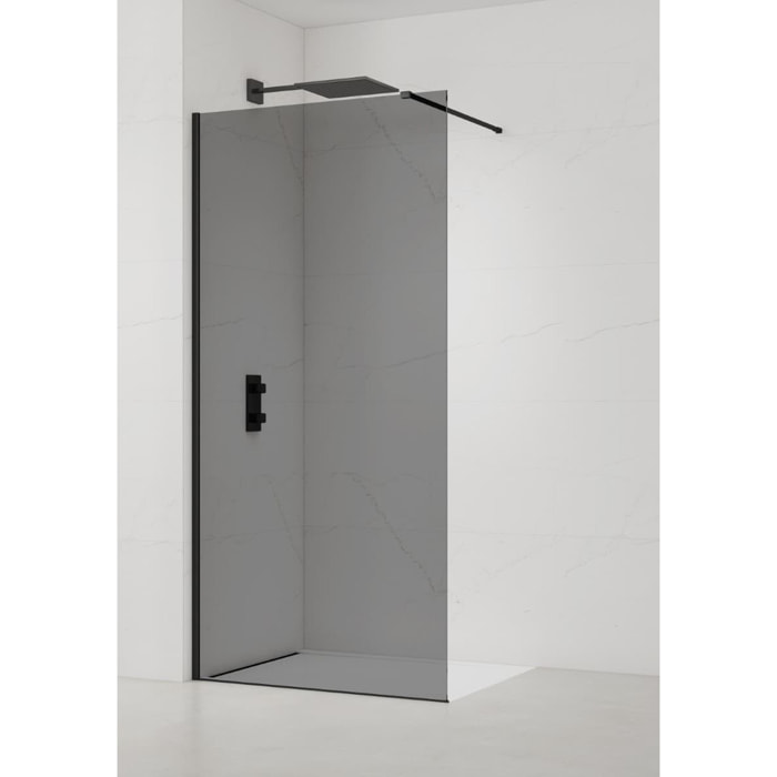 Walk-in 140x200cm Paroi en verre fumé 8 mm anticalcaire, avec bras et profilés noir mat (SATBWI140KSPRC)