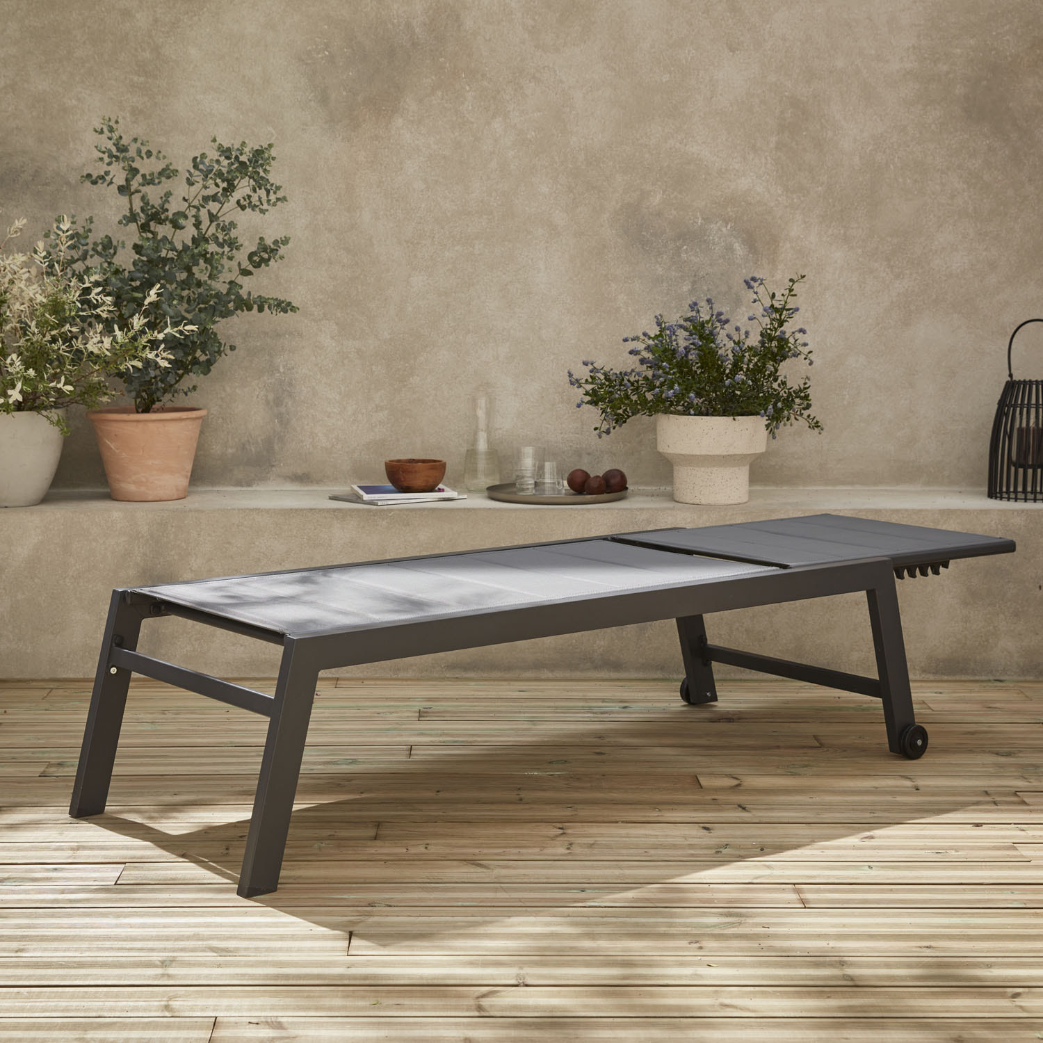 bain de soleil - Solis - Transat textilène et aluminium 6 positions. structure gris anthracite. textilène gris