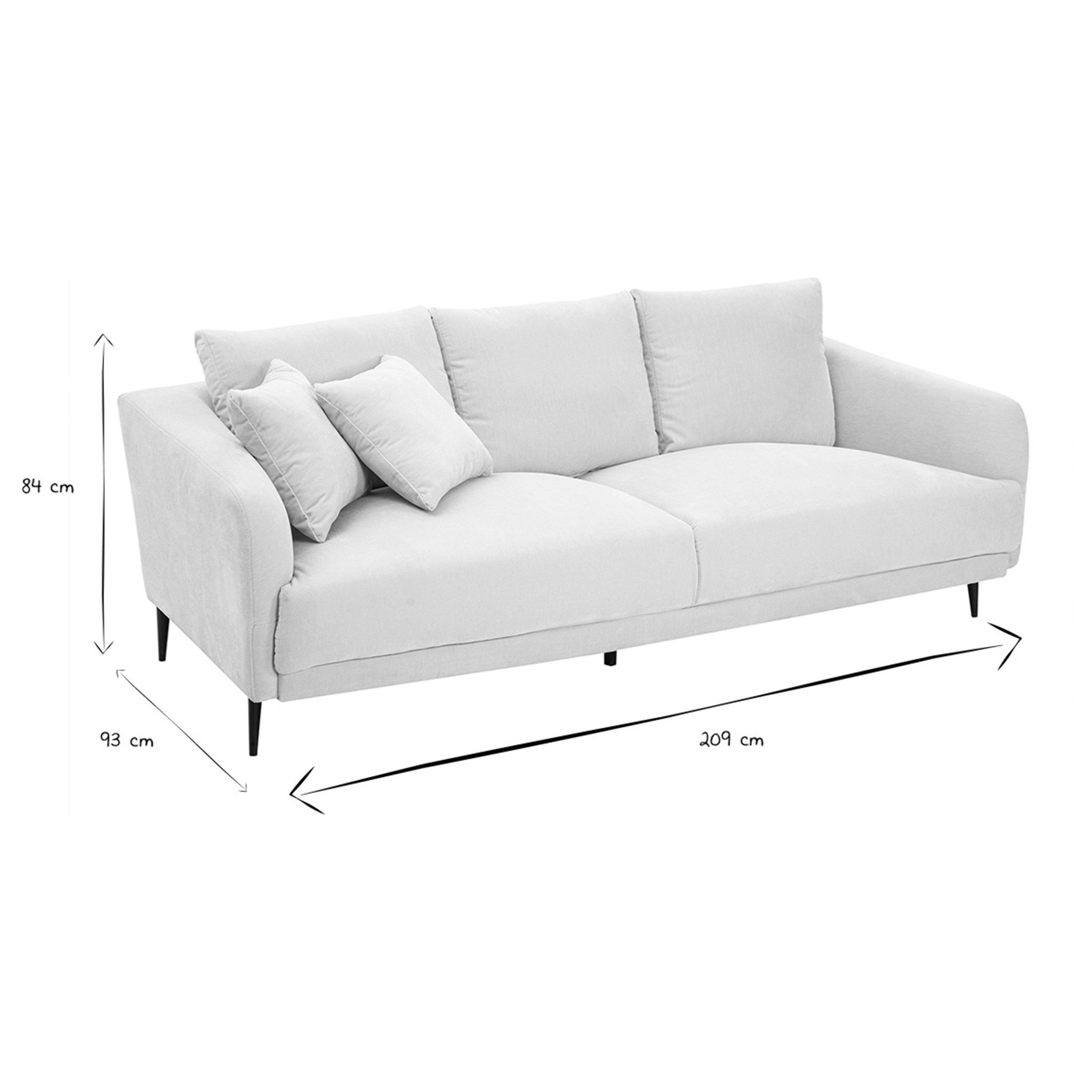 Canapé design 3 places en tissu effet velours beige et métal noir JERRY