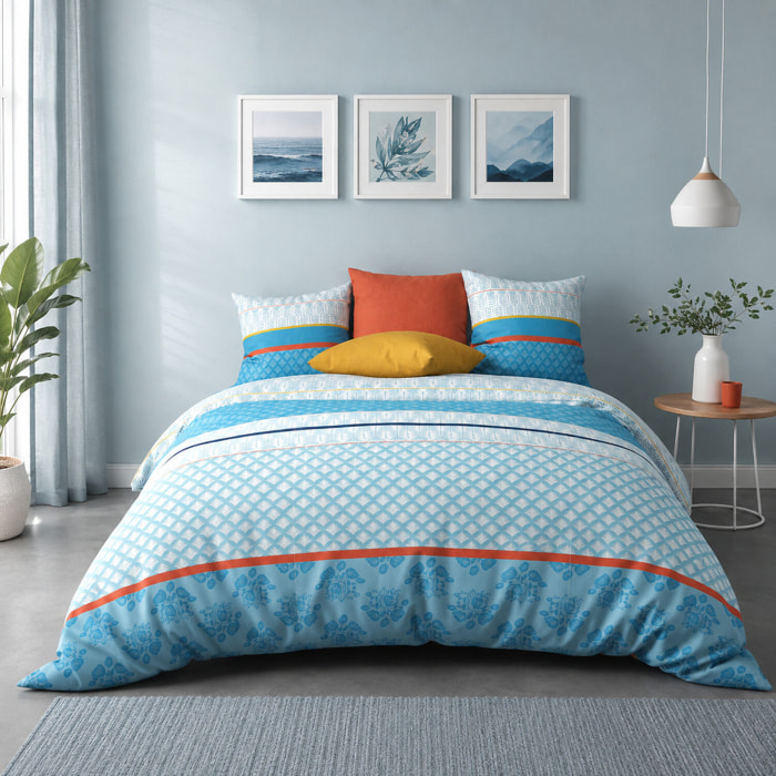 Housse de couette + taies 100% coton 57fils eva blue