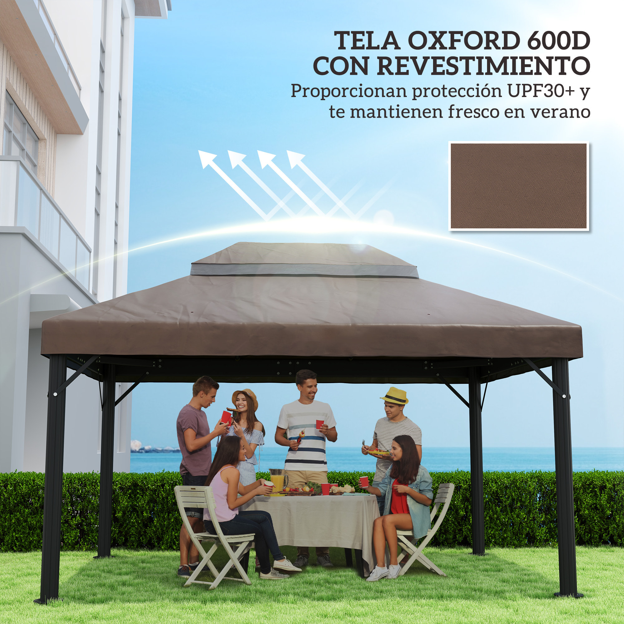 Techo de Repuesto para Cenador 4x3 m Cubierta de Repuesto con Techo Doble con Mosquitera Protección UV 30+ Toldo de Recambio para Pabellón Gazebo Café