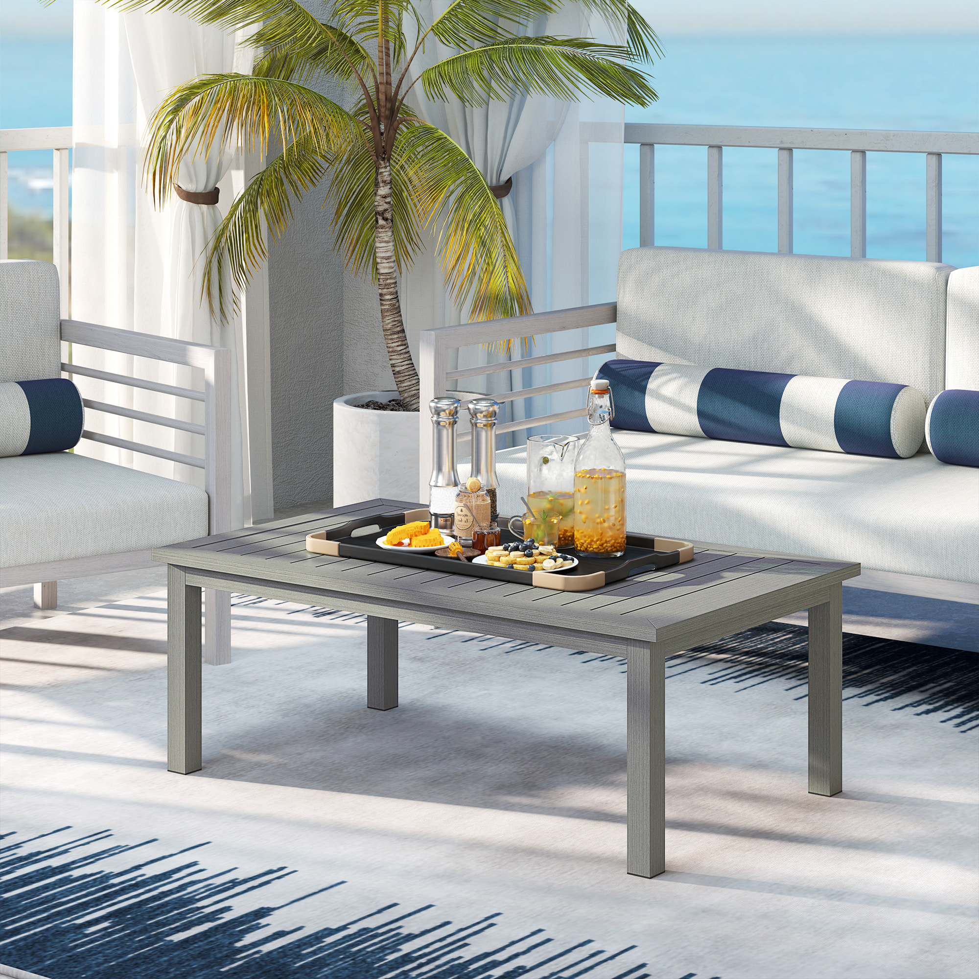 Table basse rectangulaire de jardin plateau lattes 100 x 60 x 37 cm alu effet bois gris