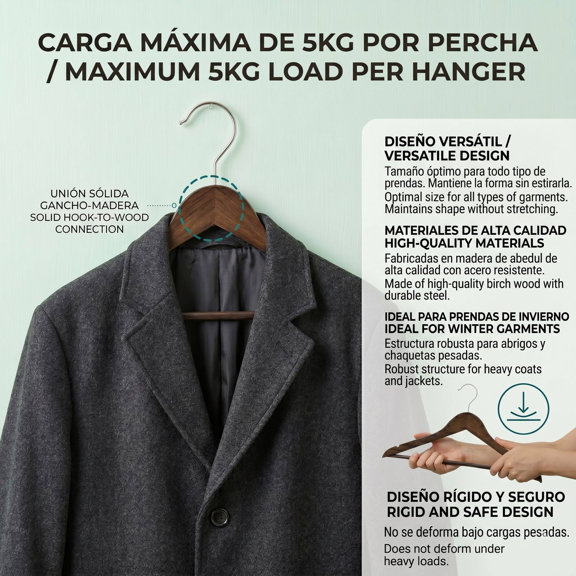 Set de perchas de madera robusta - Gancho giratorios - Muescas antideslizantes