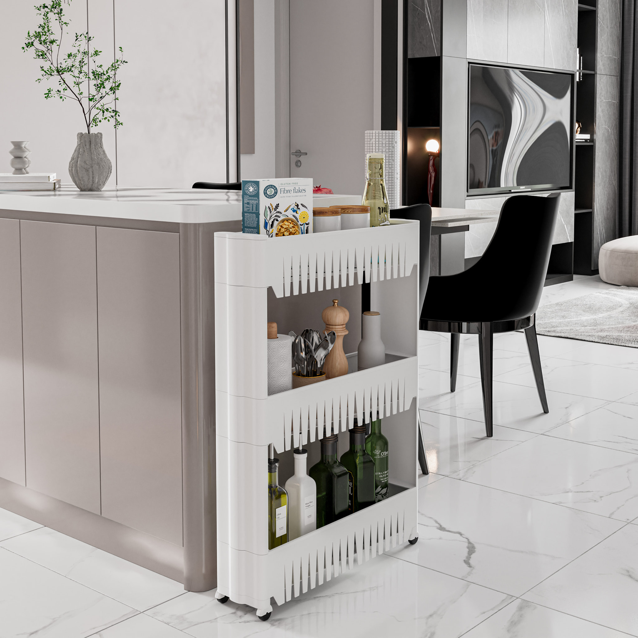 Carrello Da Cucina Salvaspazio Carrellino Portaoggetti Con Rotelle Ruote 3 Ripiani Dispensa Bagno Fino a 2.5 Kg Per Ripiano 72 x 12,5 x 54 cm Bianco