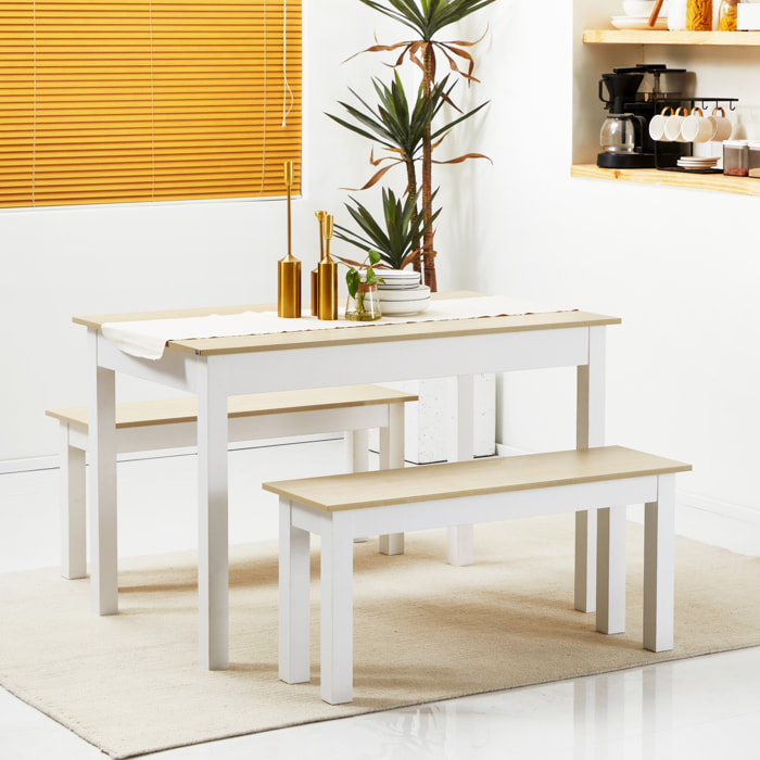 Ensemble table à manger 3 pièces - 2 bancs encastrables, grande table 4-6 personnes - blanc aspect bois clair