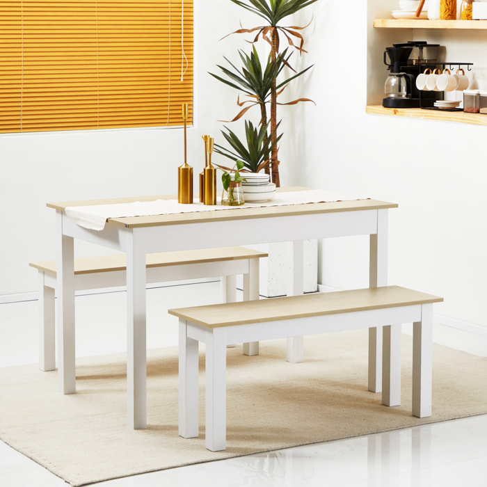 Ensemble table à manger 3 pièces - 2 bancs encastrables, grande table 4-6 personnes - blanc aspect bois clair