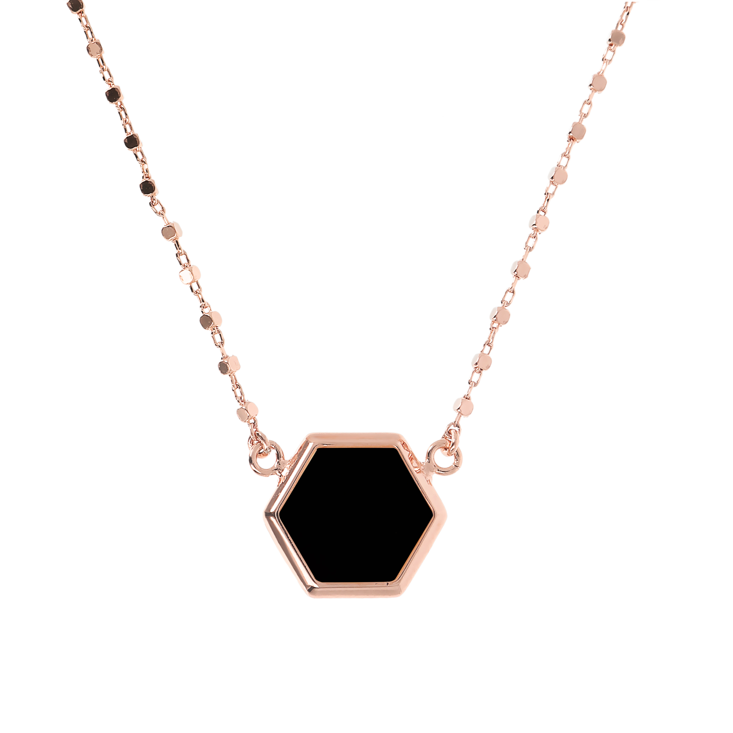 Collana Catena a Cubetti con Pendente Esagono Piccolo in Pietra Naturale Onice Nero