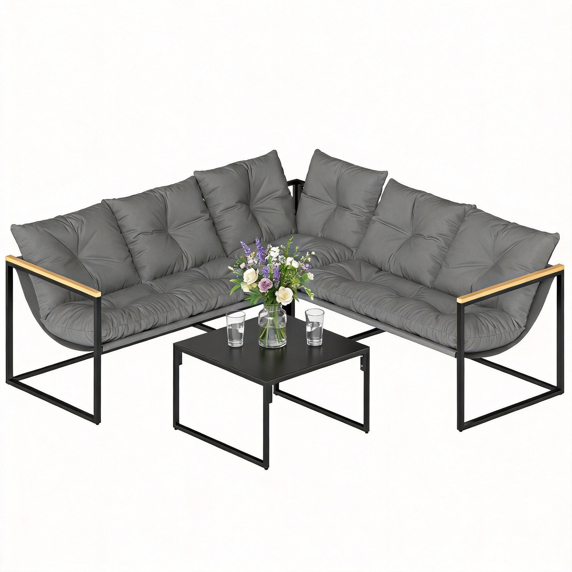 Conjunto de Muebles Jardín Exterior de 4 Piezas, Sofá Exterior Seccional Resistente Forma de L con Cojines Gruesos, 2 Sofás de 2 Plazas, Sofá de Esquina y Mesa Centro de Vidrio Templado, Gris
