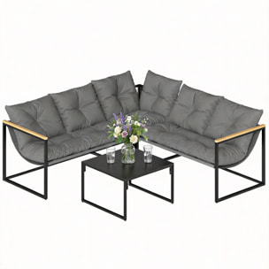 Conjunto de Muebles Jardín Exterior de 4 Piezas, Sofá Exterior Seccional Resistente Forma de L con Cojines Gruesos, 2 Sofás de 2 Plazas, Sofá de Esquina y Mesa Centro de Vidrio Templado, Gris