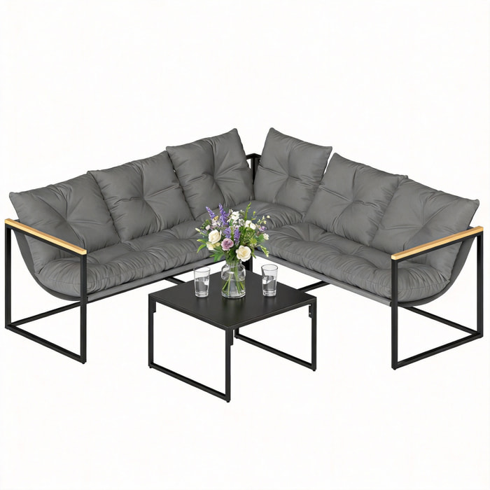 Conjunto de Muebles Jardín Exterior de 4 Piezas, Sofá Exterior Seccional Resistente Forma de L con Cojines Gruesos, 2 Sofás de 2 Plazas, Sofá de Esquina y Mesa Centro de Vidrio Templado, Gris