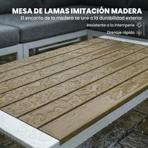 Conjunto de Muebles Jardín Exterior de 4 Piezas Sofá Exterior Seccional Forma de L con 3 Sofás de 2 Plazas Asiento de Textilene Mesa con Tablero Efecto Madera WPC Cojines Gris Claro y Blanco