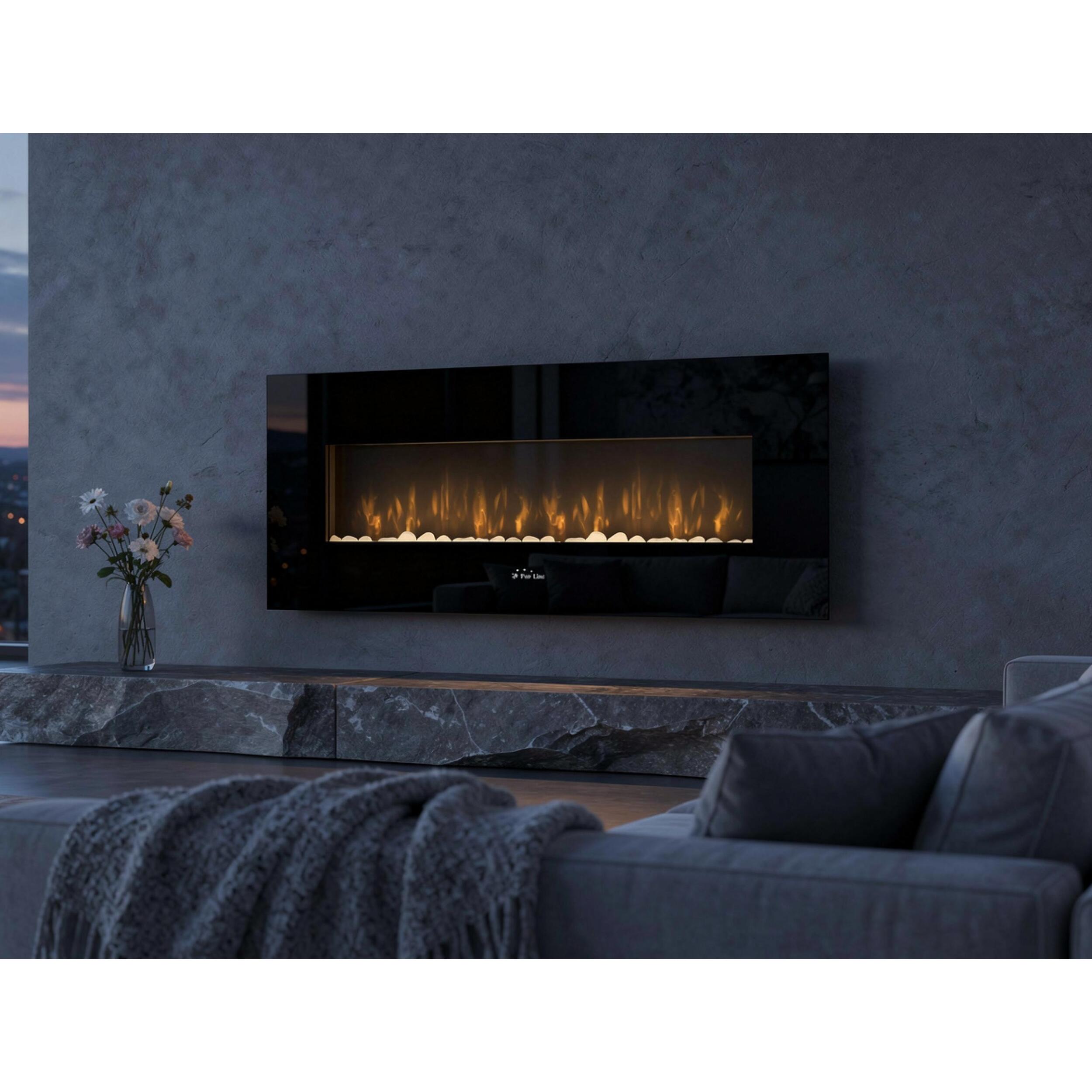 Chimenea eléctrica mural 2kW panorámica en cristal templado negro con mando a distancia CHE-500 PURLINE