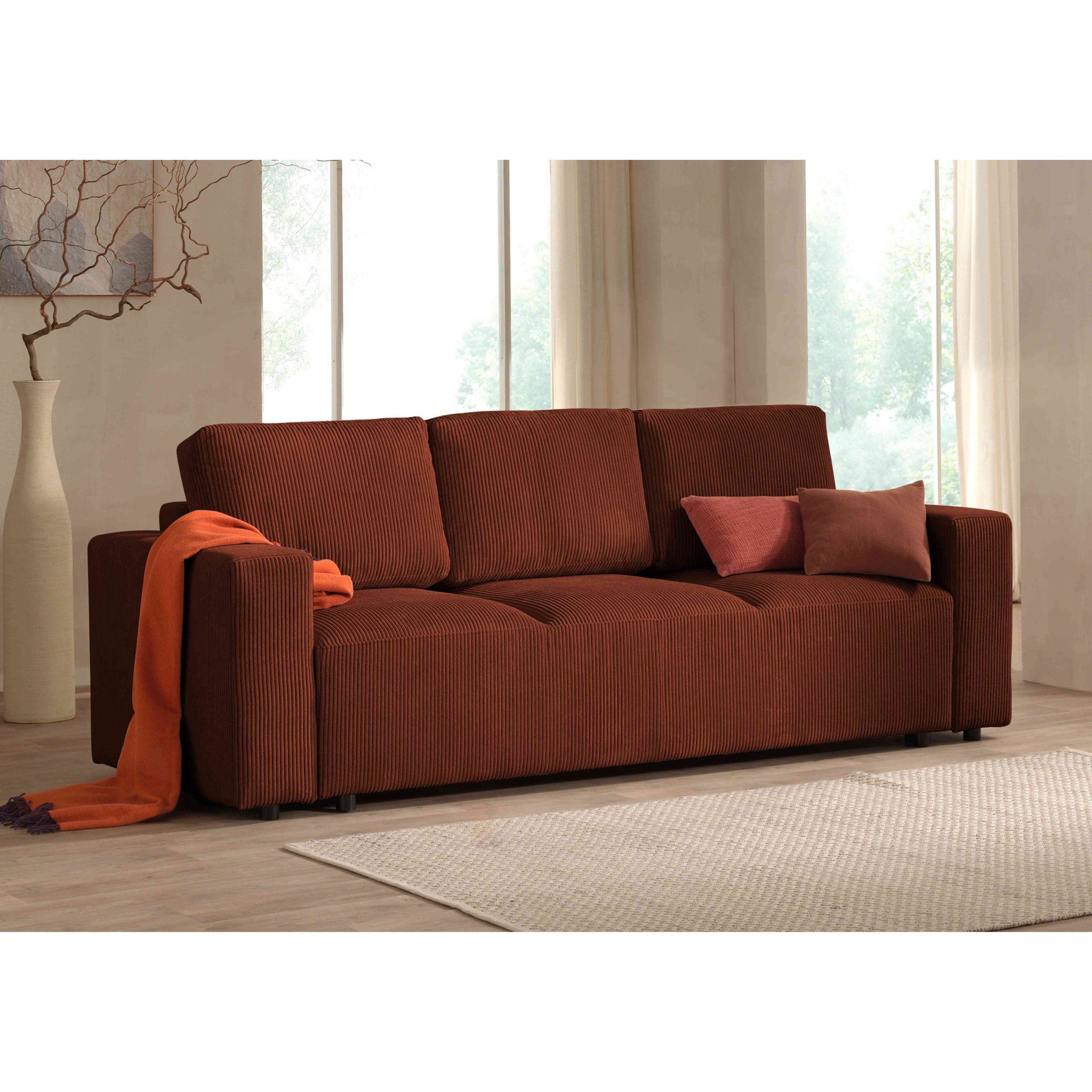 Livy - canapé droit convertible - avec coffre - en velours côtelé - 3 places - Terracotta
